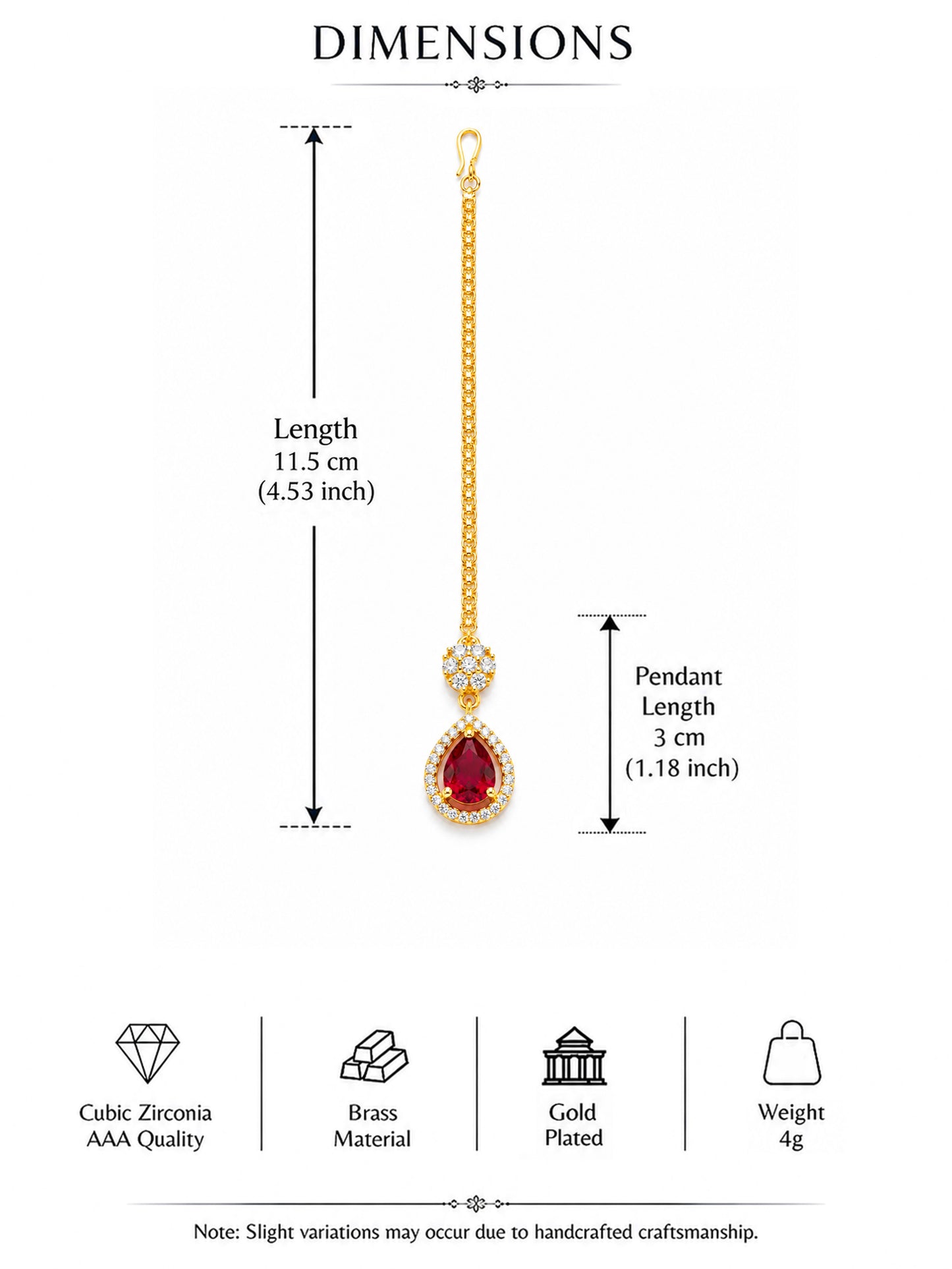 Gold Plated Red AD Maang Tikka for Women
