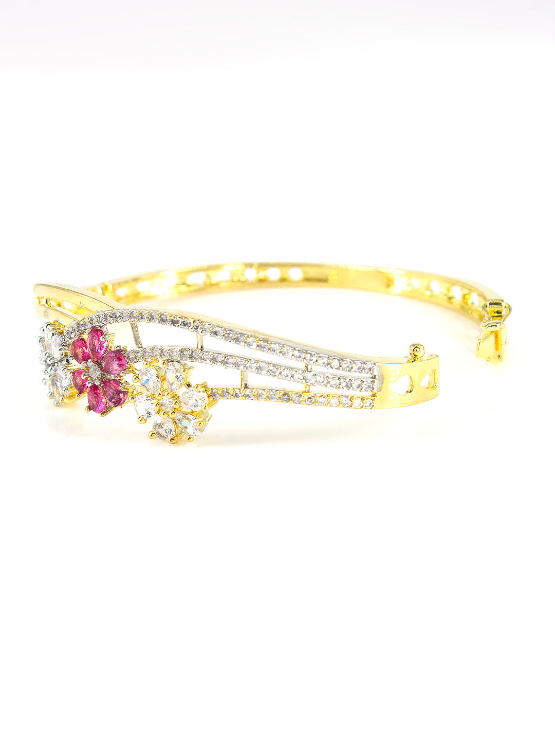 Gold Plated Ruby Floral Cuff Bracelet For Women