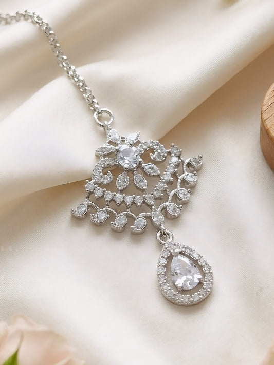Silver Plated White AD Maang Tikka for Women