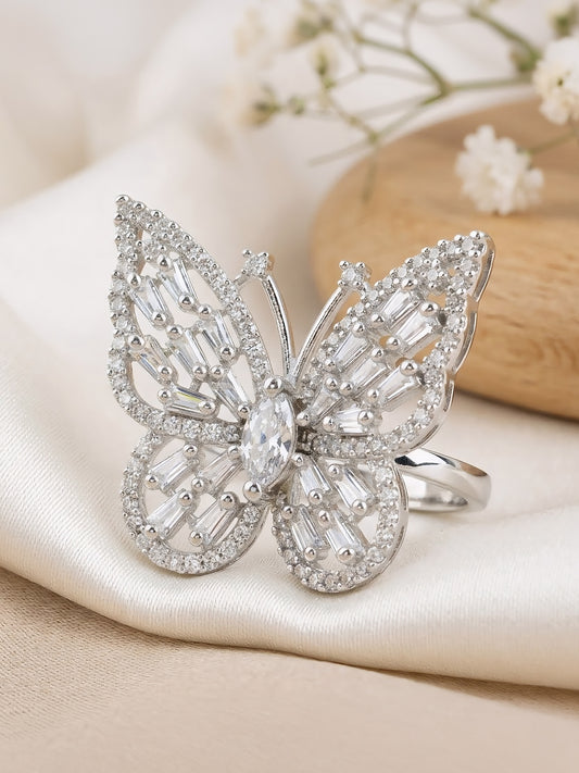 Silver Plated AD Butterfly Adjustable Finger Ring for Women