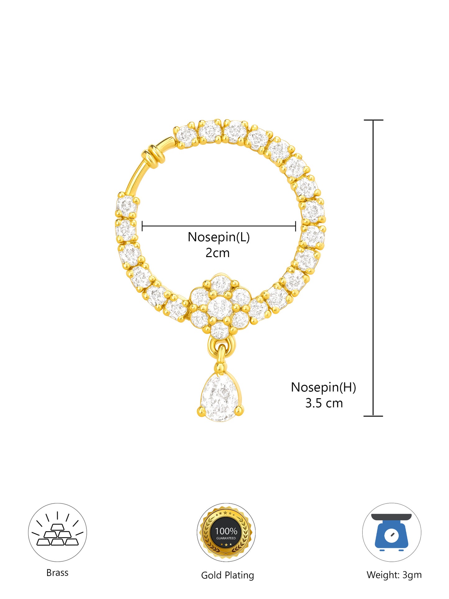 Gold Plated American Diamond Bridal Non-piercing Nose Ring for Women
