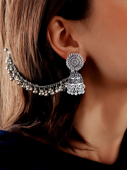 Silver-Oxidised Floral Jhumka Earrings With Ear Chain