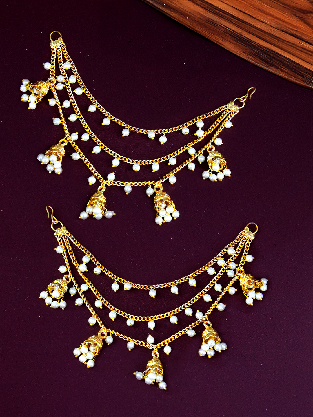 Gold-Plated 3-Layered Beads & Jhumki Drop Ear Chain