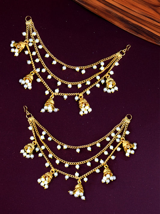 Gold-Plated 3-Layered Beads & Jhumki Drop Ear Chain