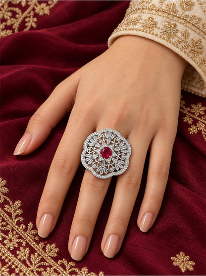 Silver Plated Red AD Finger Ring for Women