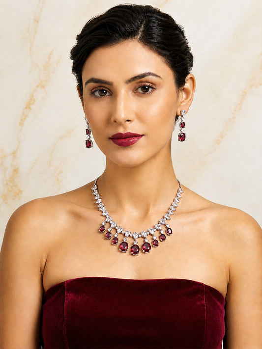 Silver Plated Red AD Choker Set for Women