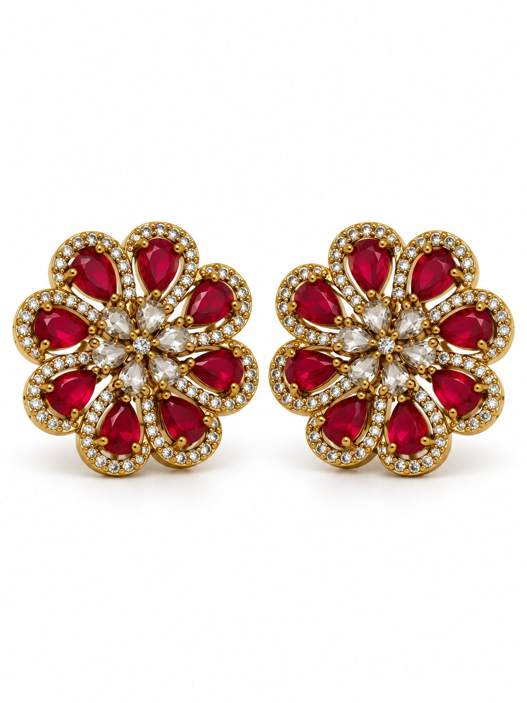 South Indian Gold Plated Red AD Floral Stud Earrings for Women