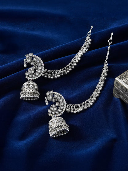 Silver Oxidised Rhinestone Jhumka Earrings with Chain