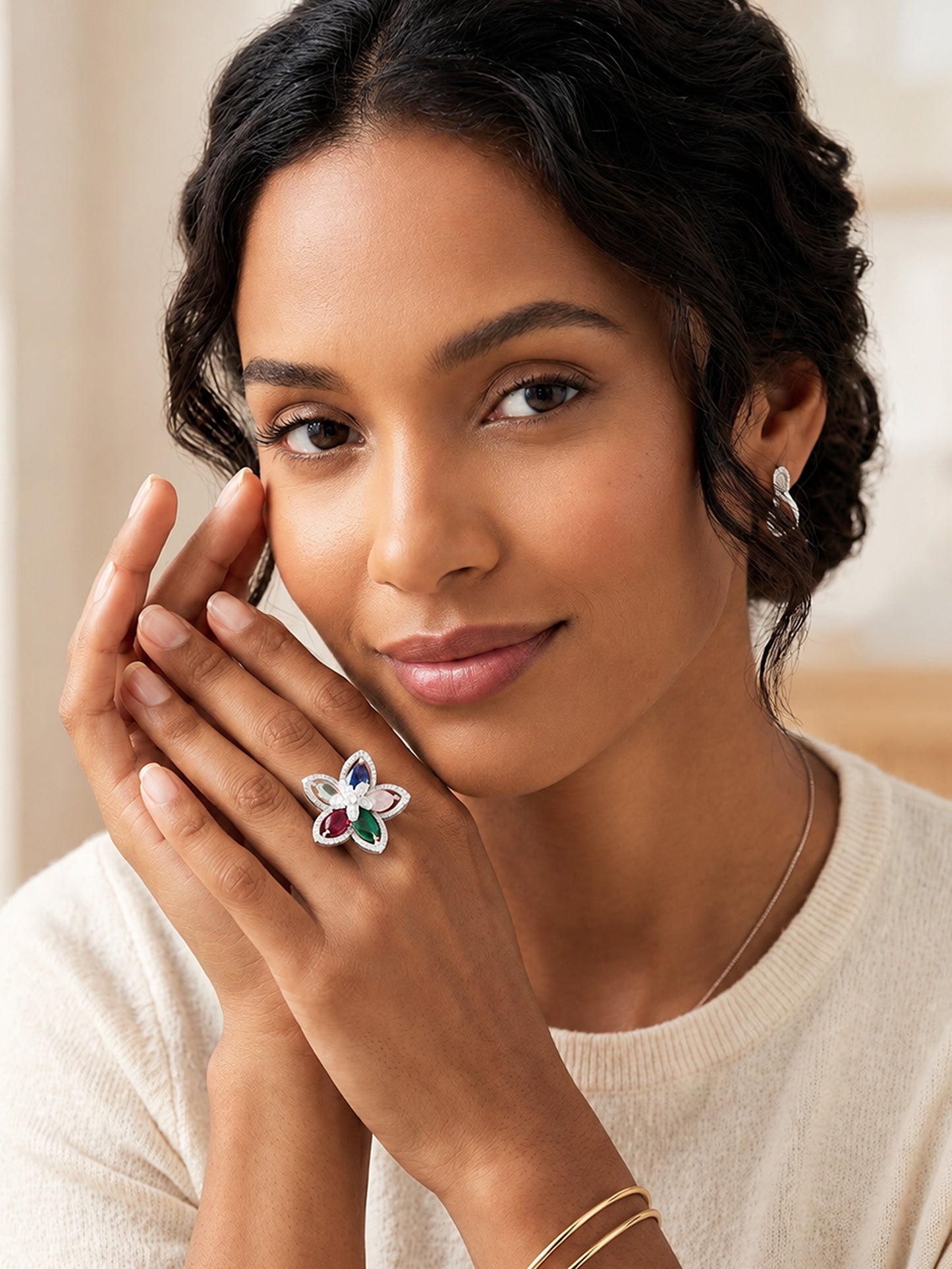 Rhodium Plated Multi AD Floral Finger Ring for Women