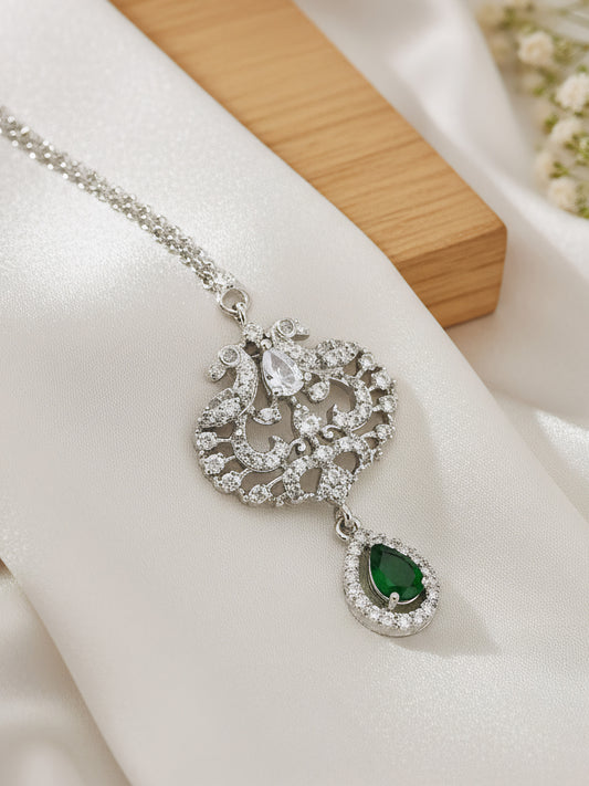 Silver Plated Green AD Peacock Maang Tikka for Women