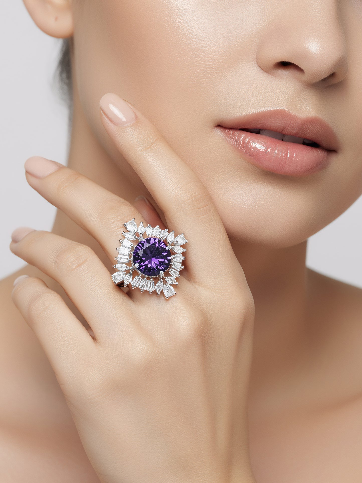 Silver Plated Purple AD Finger Ring for Women