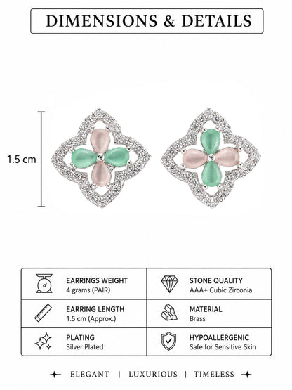 Rhodium Plated Green & Pink AD Stud Earrings for Women