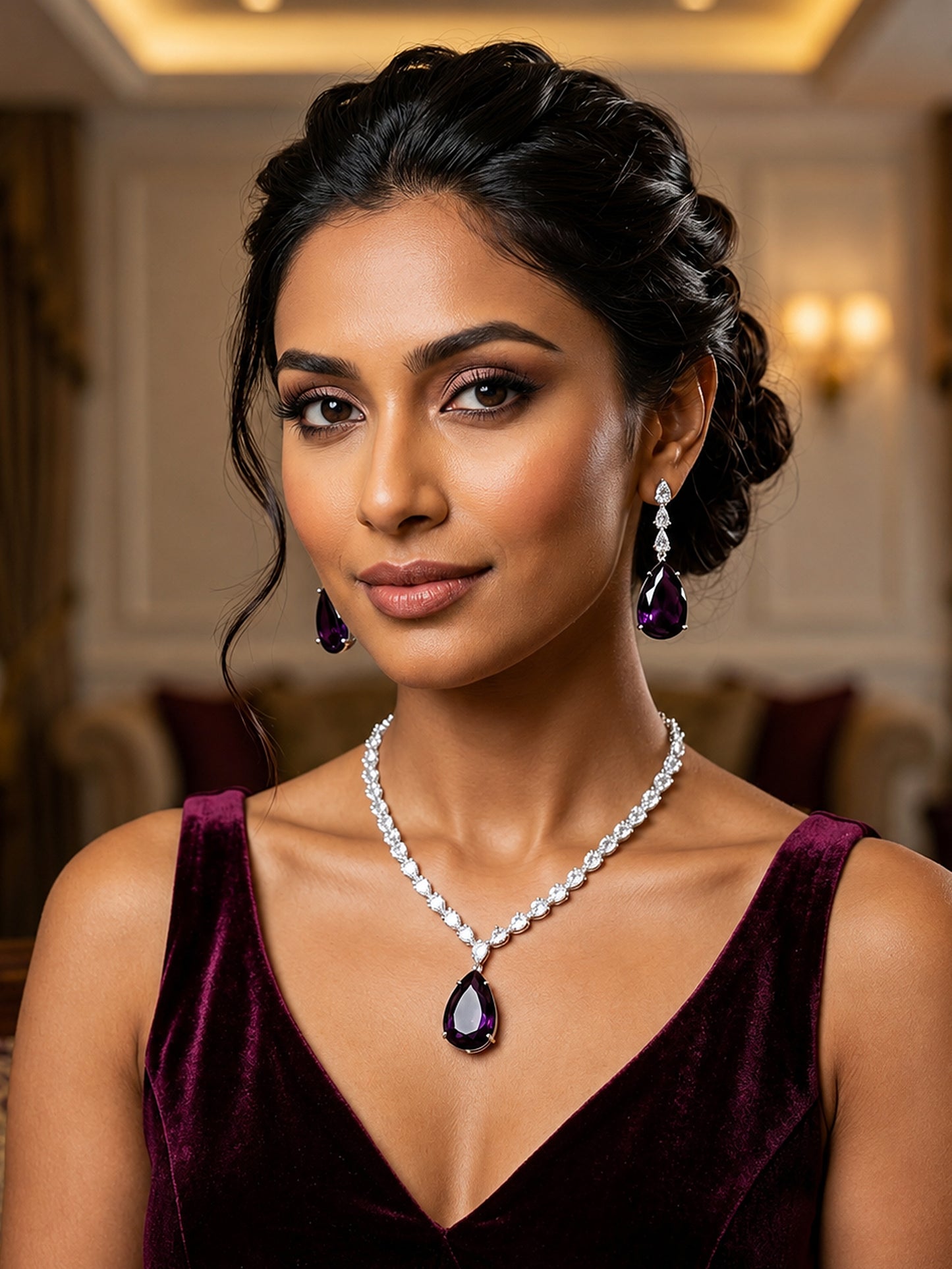 Silver Plated Purple Teardrop AD Jewellery Set for Women