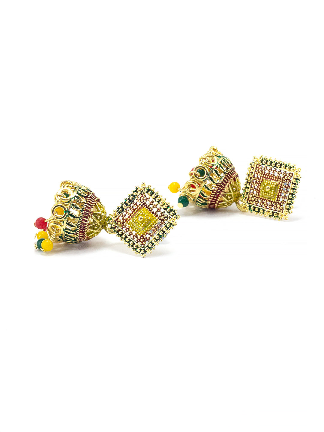 Gold Plated Square Multi Color Artificial Beaded Jhumki Earrings