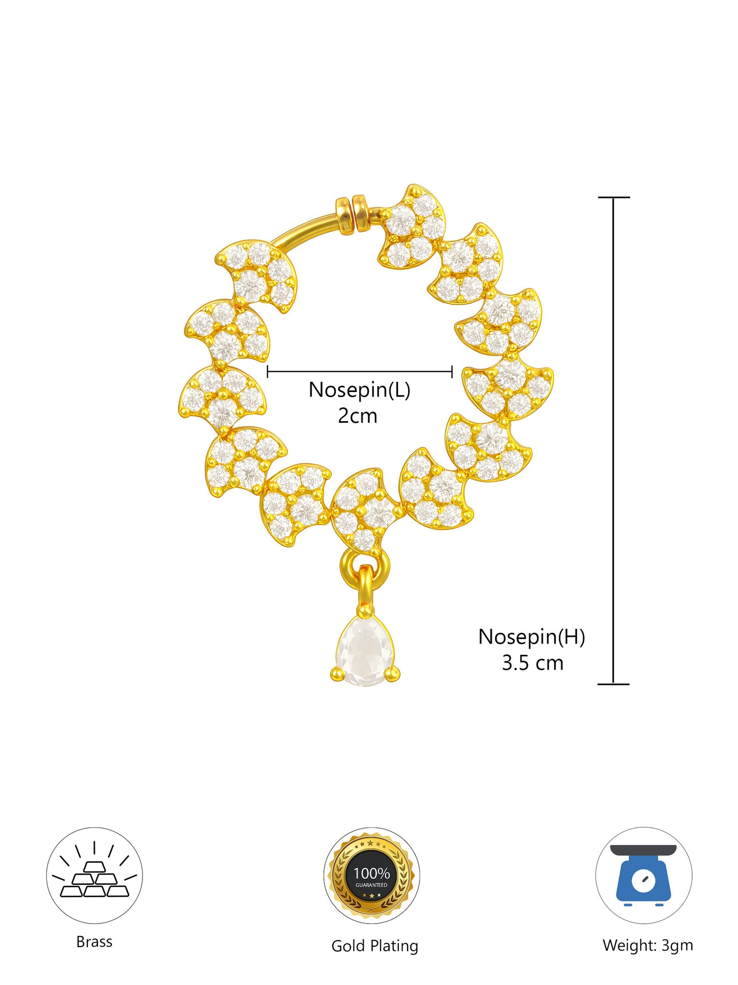 Gold Plated AD Bridal Non-piercing Nose Ring for Women