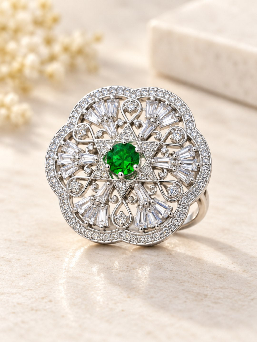 Silver Plated Green AD Finger Ring for Women