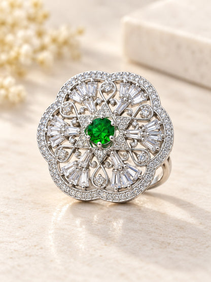 Silver Plated Green AD Finger Ring for Women