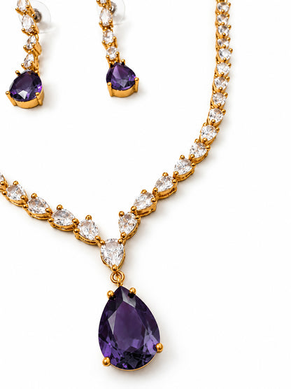 South Indian Gold Plated Purple AD Teardrop Jewellery Set for Women