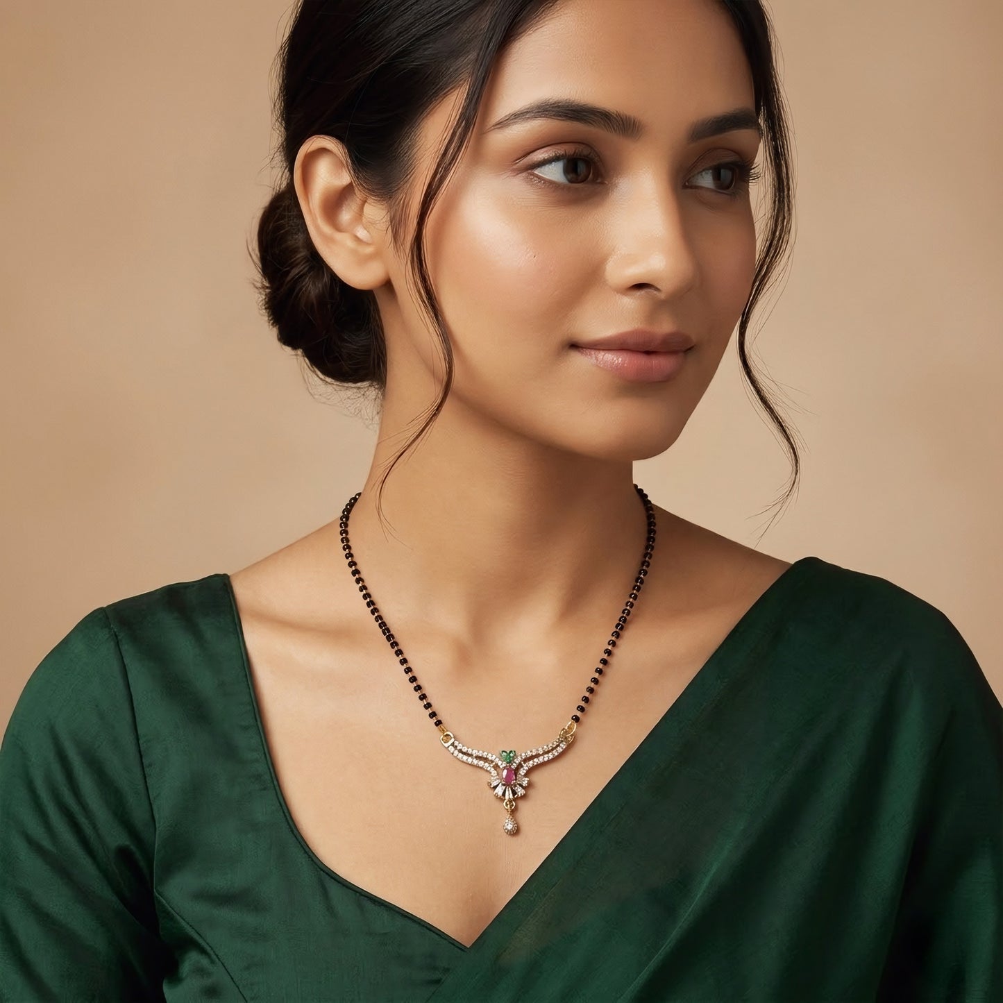 Gold Plated Red & Green AD Mangalsutra For Women