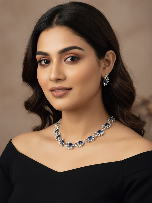 Silver Plated Blue American Diamond Designer Choker Set for Women