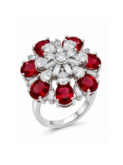 Silver Plated Red AD Floral Finger Ring for Women