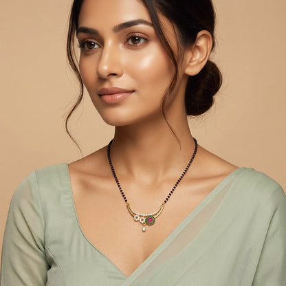 Gold Plated Red & Green AD Mangalsutra For Women