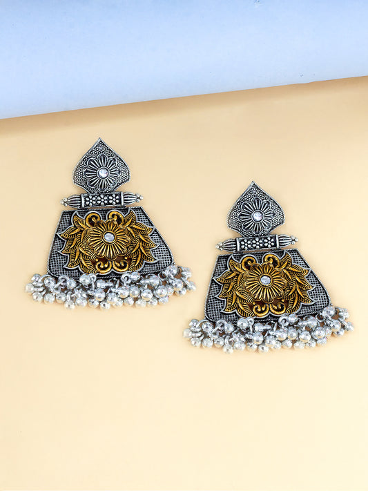 Dual-Tone  Floral Antique Statement Drop Earrings