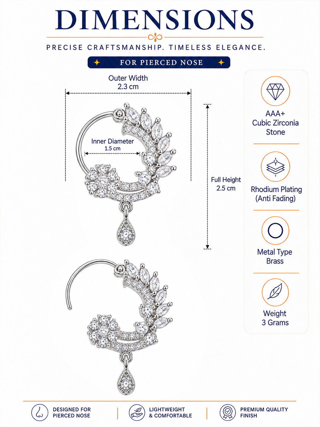 Rhodium Plated American Dimaond Drop Nose Ring