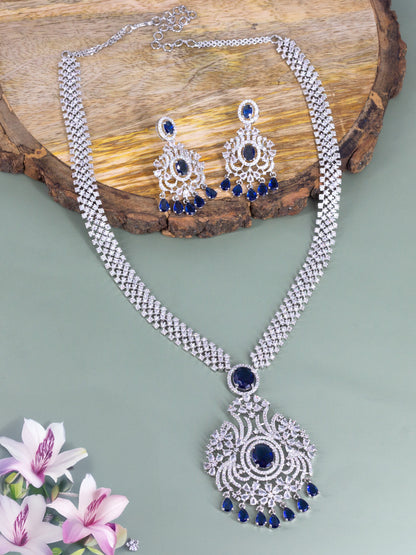 Silver Plated Blue and White AD Long Jewellery Set for Women