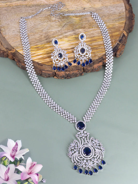 Silver Plated Blue and White AD Long Jewellery Set for Women