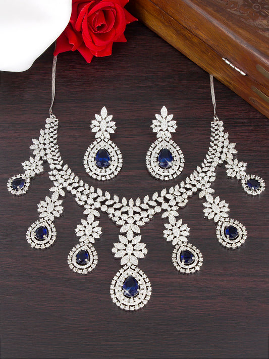 Rhodium-Plated Blue Statement AD-Studded Bridal Jewellery Set