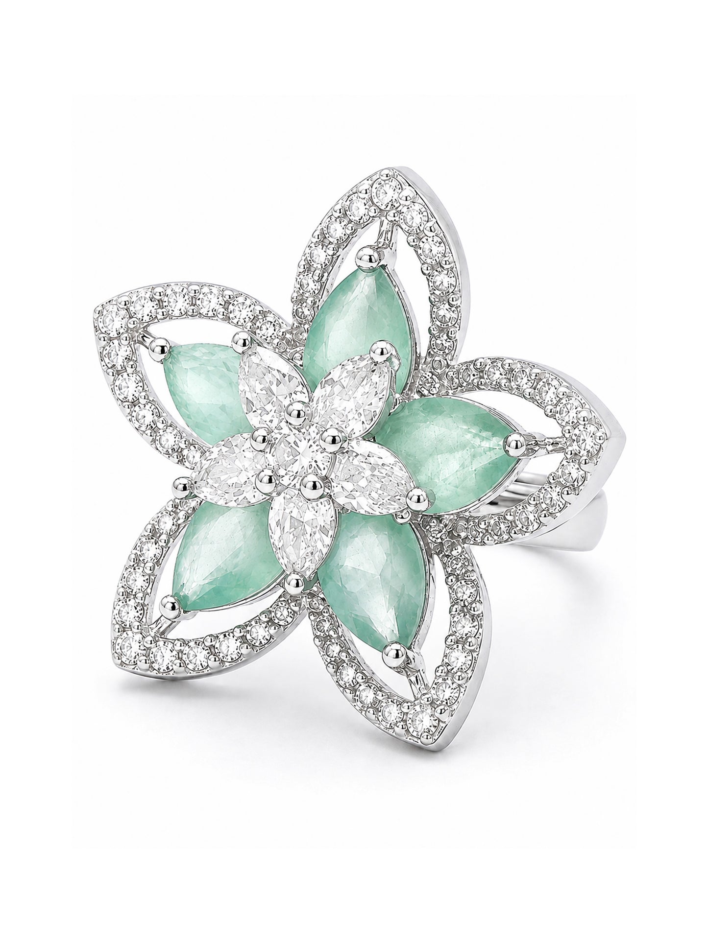 Rhodium Plated Green AD Floral Finger Ring for Women