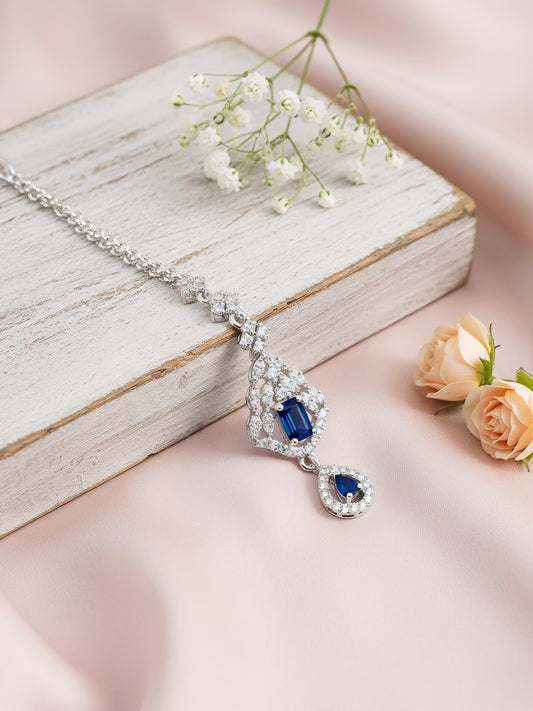 Rhodium Plated Blue AD Maang Tikka for Women