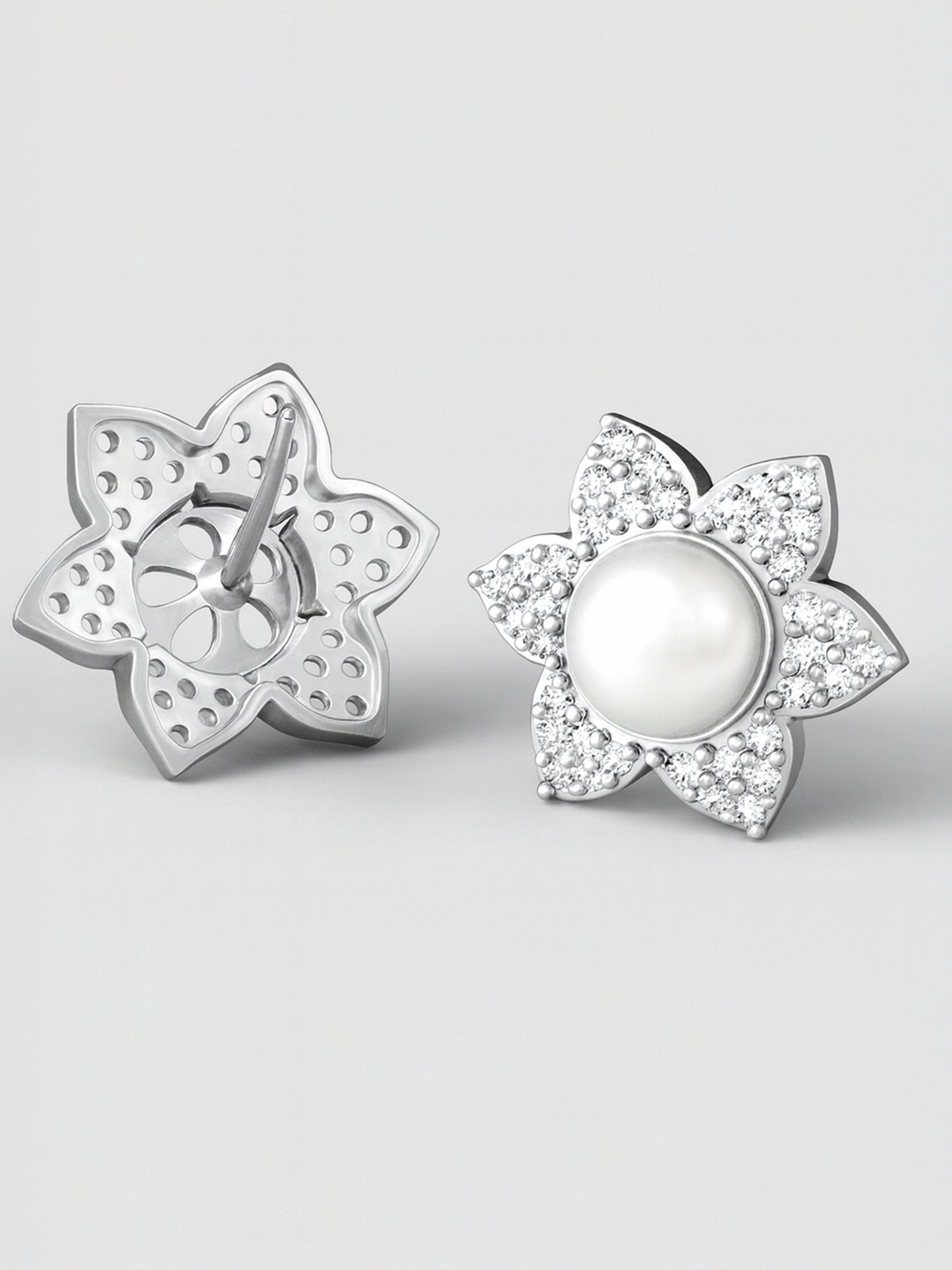 Rhodium Plated AD Floral Stud Earrings for Women