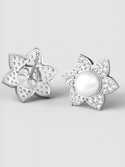 Rhodium Plated AD Floral Stud Earrings for Women