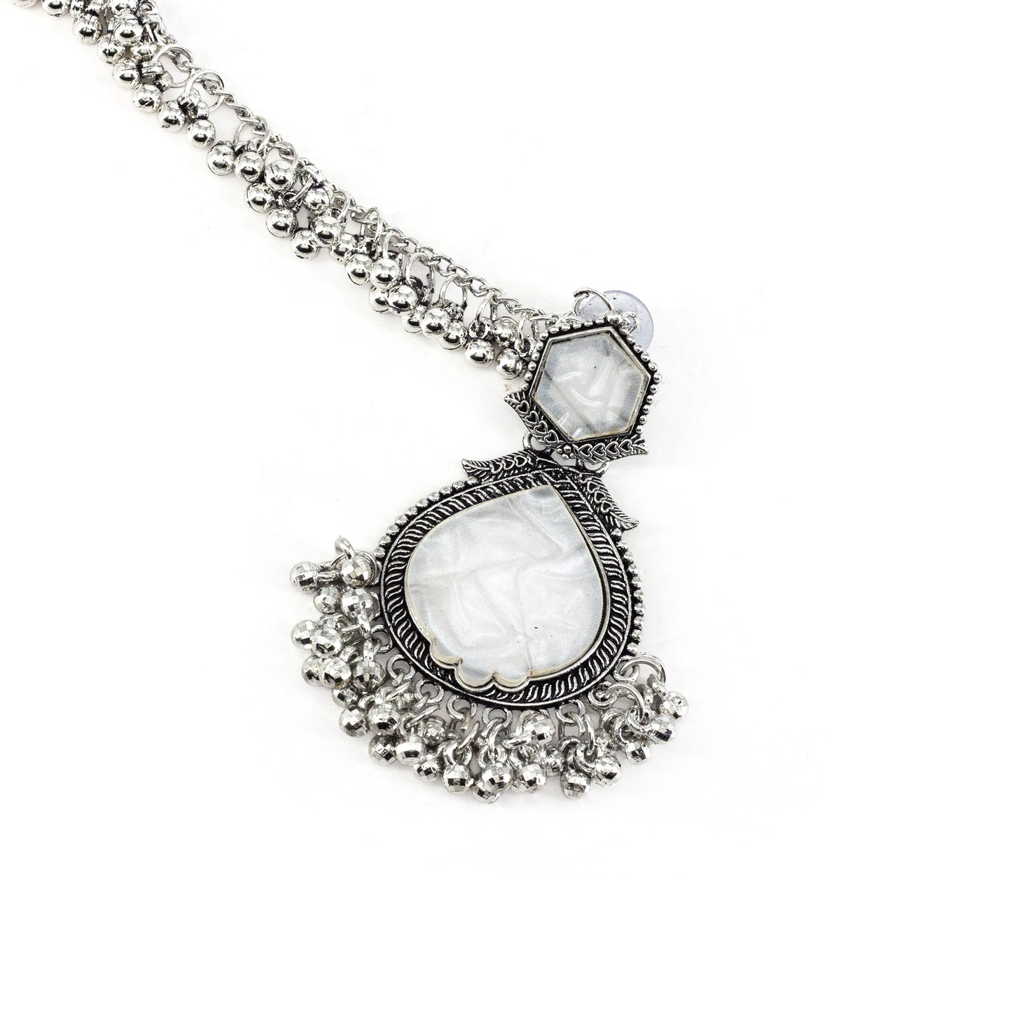 Silver Oxidised White Jhumka Earring with Chain for Women
