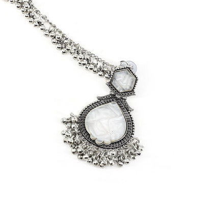 Silver Oxidised White Jhumka Earring with Chain for Women