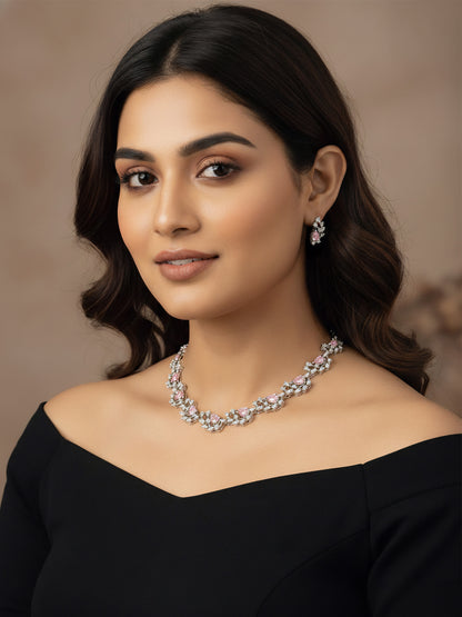 Silver Plated Pink American Diamond Designer Choker set for Women