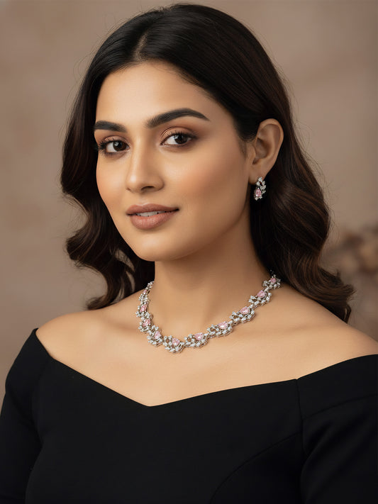 Silver Plated Pink American Diamond Designer Choker set for Women