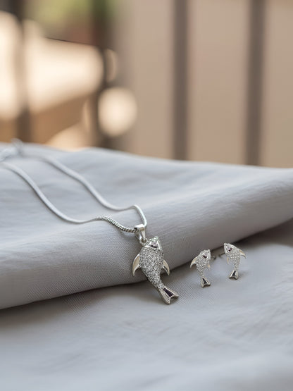 Silver Plated AD Studded Fish Pendant And Earrings Set for Women