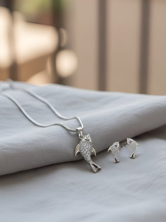 Silver Plated AD Studded Fish Pendant And Earrings Set for Women