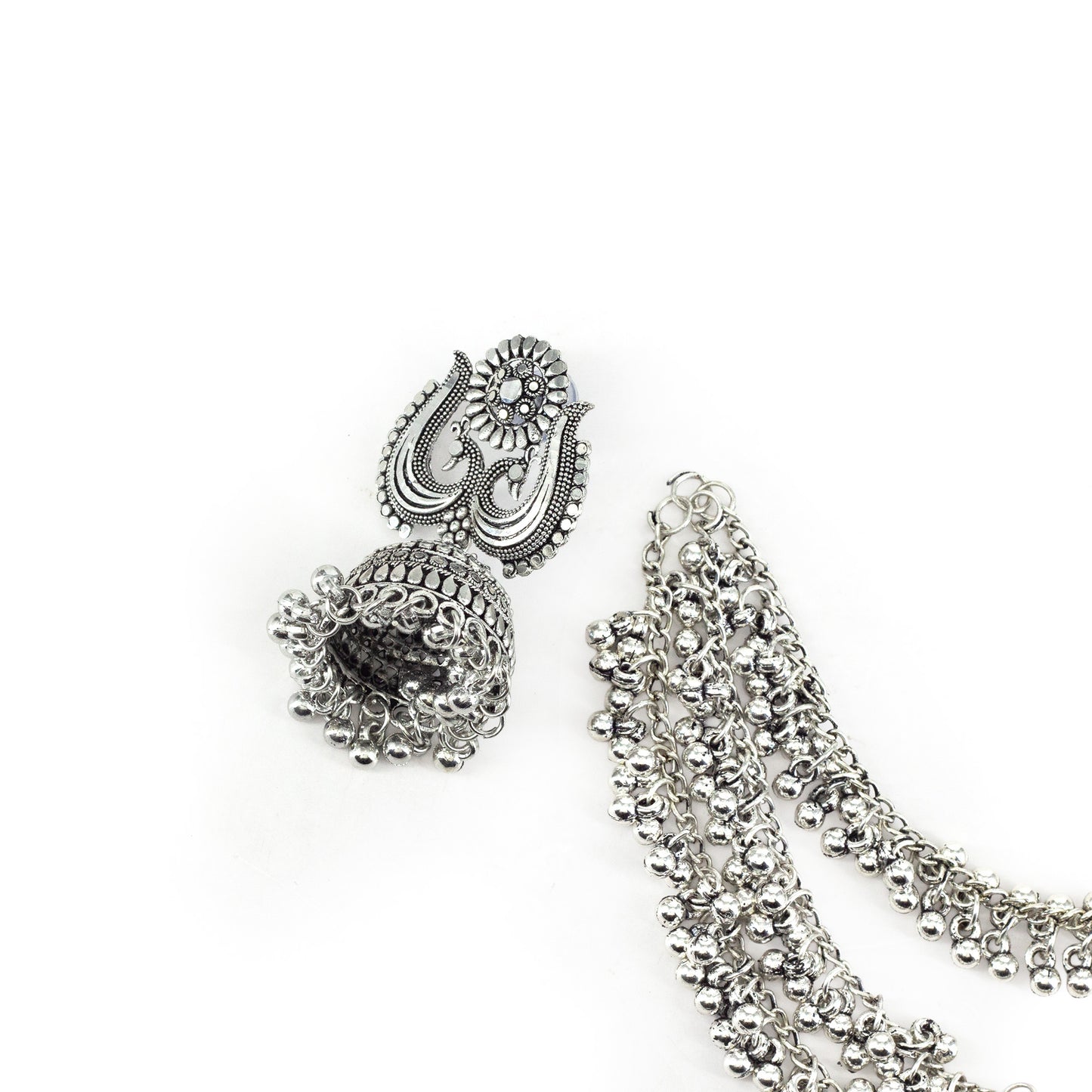 Silver Oxidised Jhumka Earring with 3 Layred Chain for Women