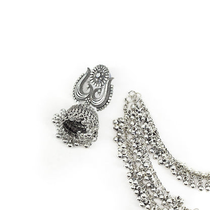 Silver Oxidised Jhumka Earring with 3 Layred Chain for Women