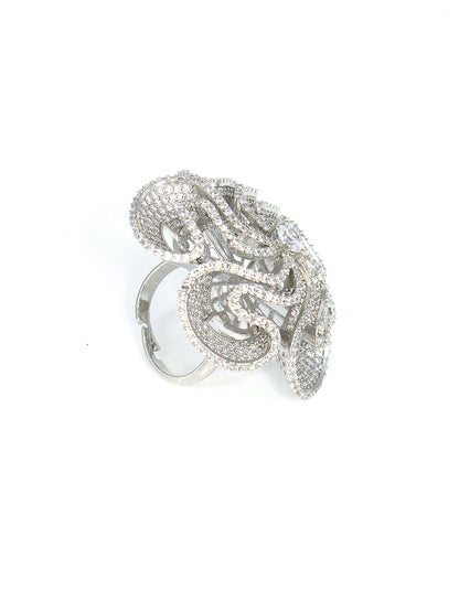 Silver-Plated American-Diamond Big Floral Cocktail Adjustable Finger Ring