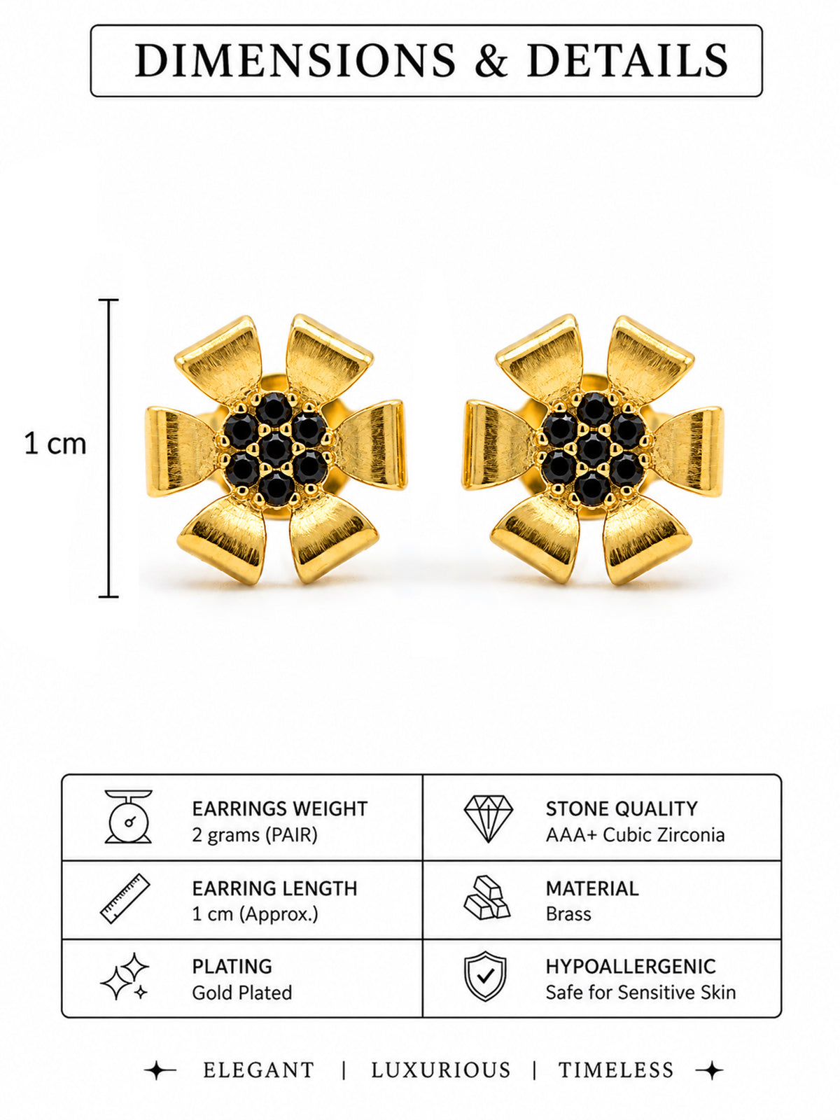 Gold Plated Black AD Floral Stud Earrings for Women