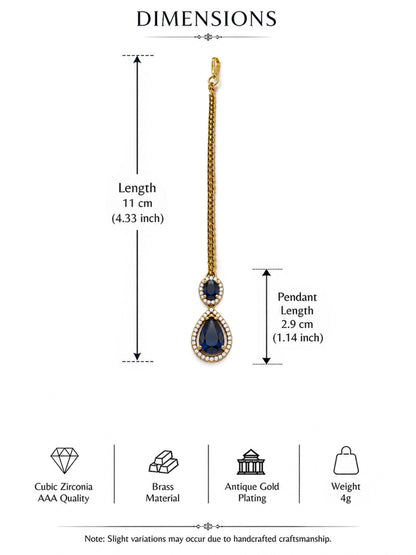 Antique Gold Plated Blue AD Maang Tikka for Women