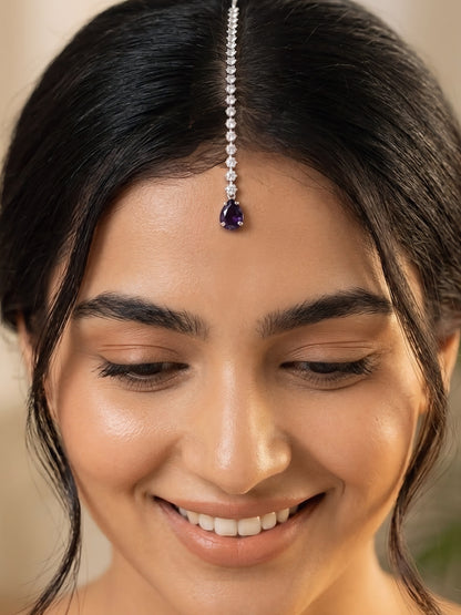 Silver Plated Purple AD Teardrop Maang Tikka for Women