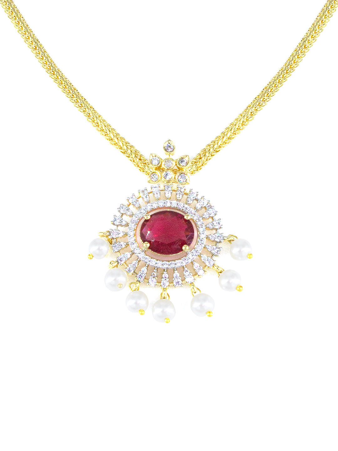 Gold Plated Ruby AD Faux Pearl Jewellery Set