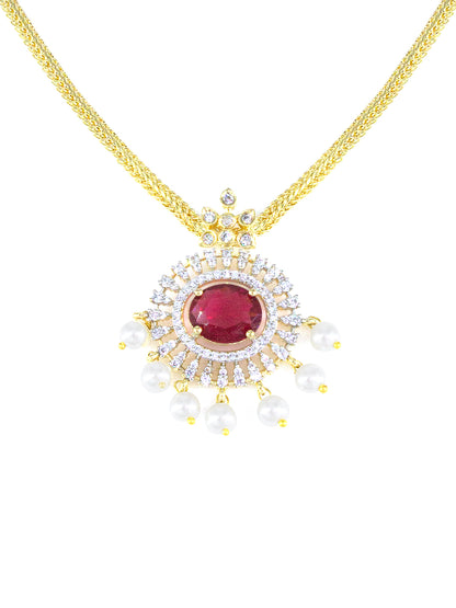 Gold Plated Ruby AD Faux Pearl Jewellery Set