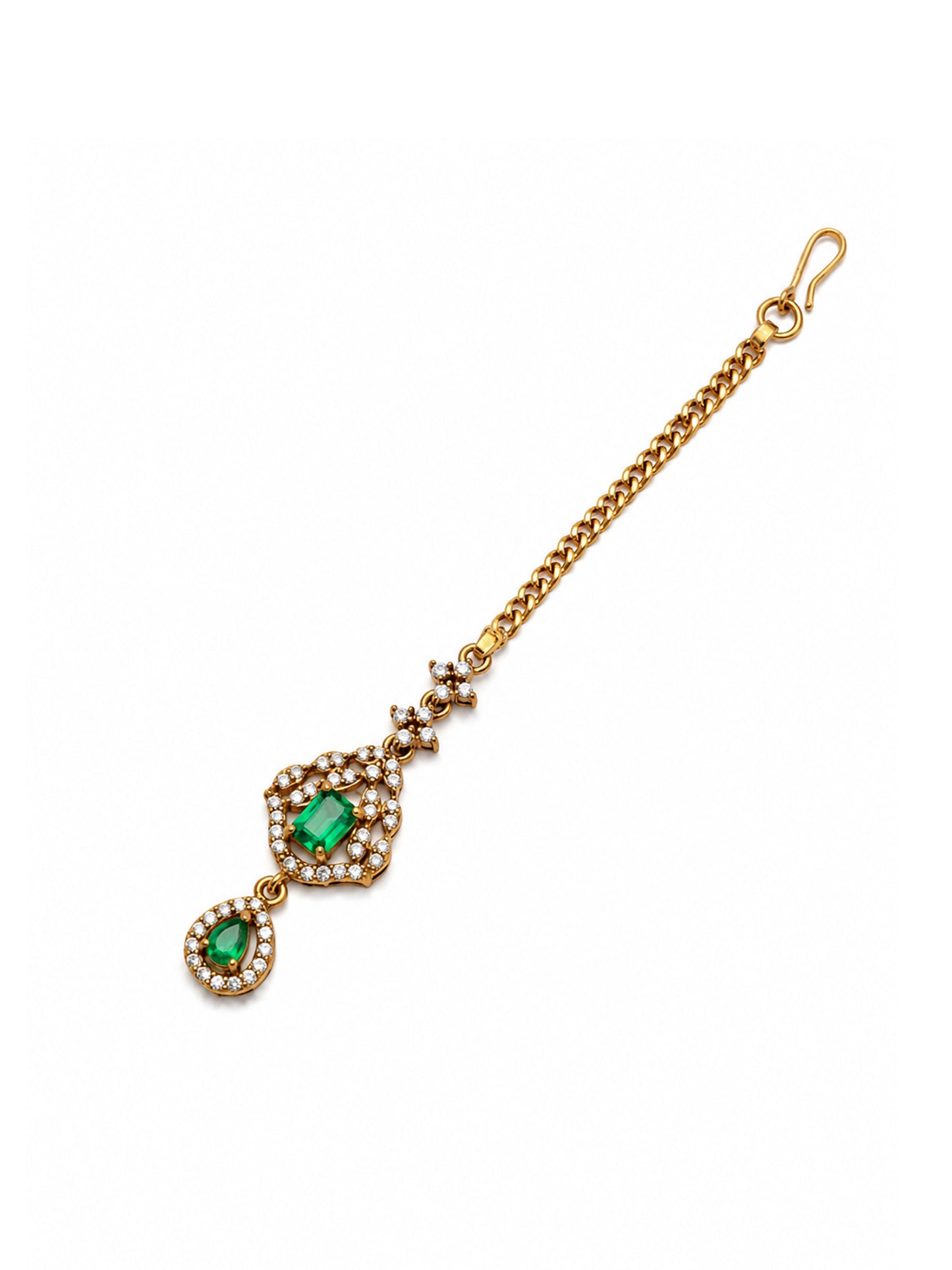 Antique Gold Plated Green AD Maang Tikka for Women